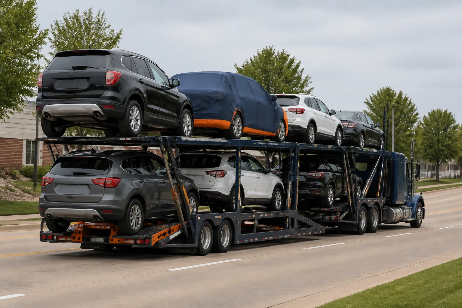 Car Link Transport auto carrier delivering vehicles in Coralville, Iowa
