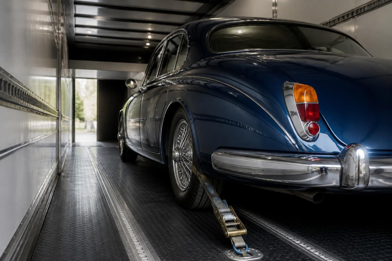 Classic vintage car secured inside a protected trailer.