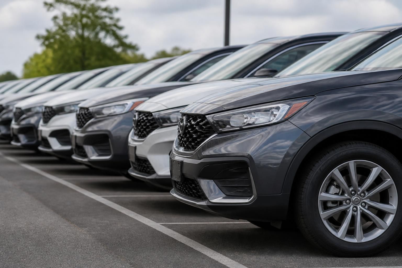 New vehicles lined up in a tidy dealer delivery lot.