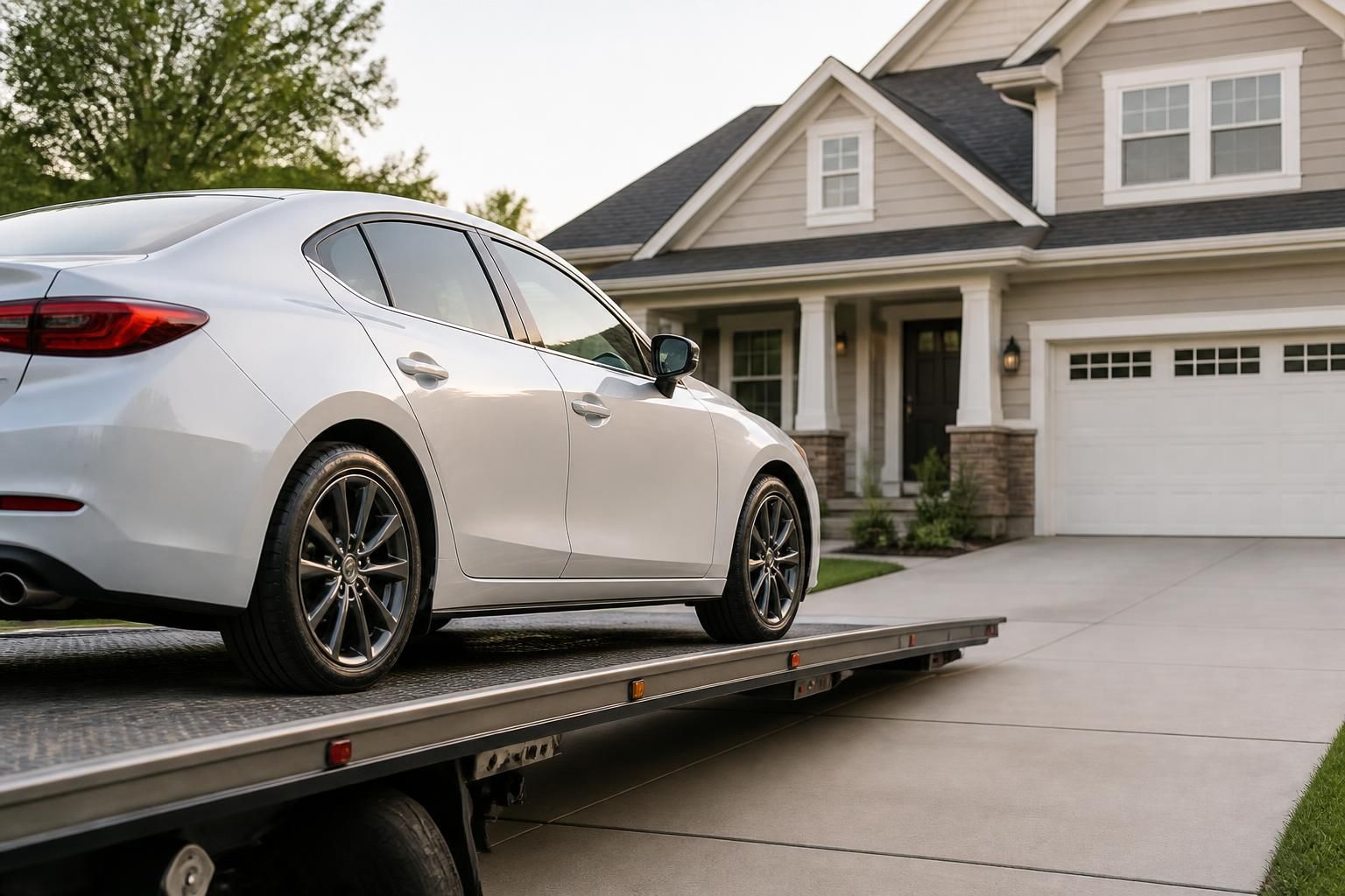 Car delivered to a clean residential driveway.