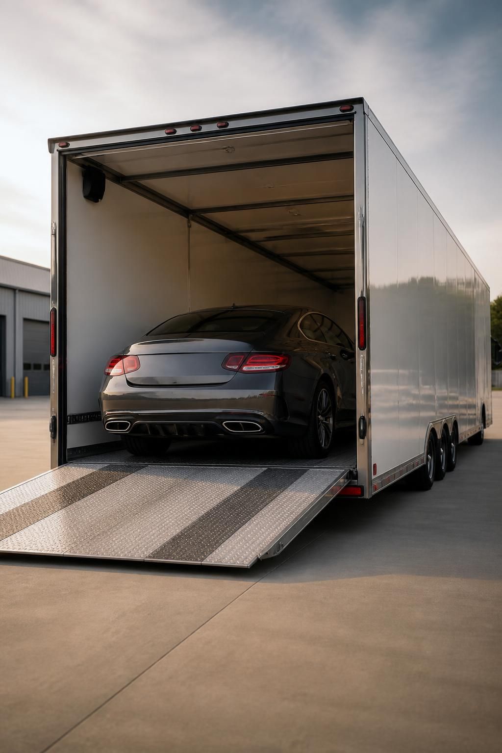Enclosed transport trailer with a luxury car in a clean dispatch yard.